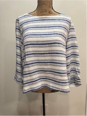 Sigrid Olsen Boxy Linen Blend Boat Neck Striped Top M Nautical Coastal Resort